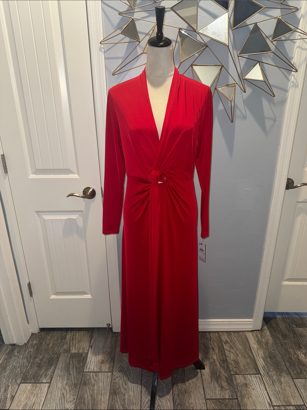 DKNY Red V-Neck Midi Dress with Ring Twist